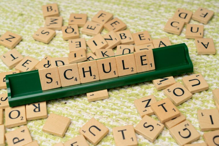 Scrabble tiles with the word schule written on them